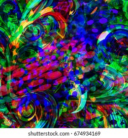 Dark colorful background with chaotic spots and curved triangles. Different shapes mix random. Abstract seamless vector texture.