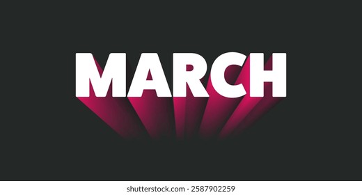 Dark Colorful Bold Big 3D March Text, Month Name Typography, Banner Design with Gradient Effect. Colors: White, Red, Purple