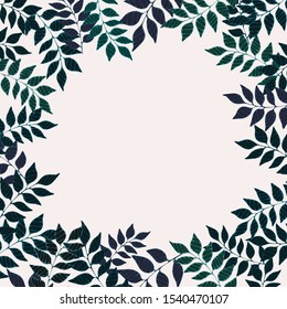 Dark colorful branches on light pale pink background. Bright decorative frame, suitable for cards, invitations and others.