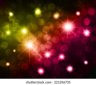 Dark colorful Defocused Light, Flickering Lights, Vector abstract festive background with bokeh defocused lights. Universe, galaxies, stars. 