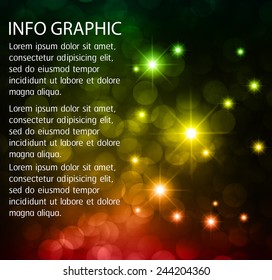 Dark colorful Defocused Light, Flickering Lights, Vector abstract festive background with bokeh defocused lights. universe, galaxies, stars. text box. Brochure. card.