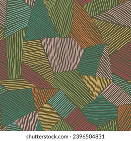 Dark colorful geometric pattern of hand drawn textured geometric tiles. Endless line doodle background of stripy earth tone mosaic fragments