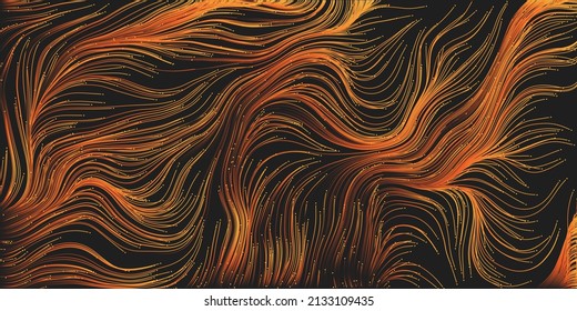 Dark Colorful Moving, Flowing Stream of Particles in Curving, Wavy Lines - Modern Style Digitally Generated Dark Futuristic Abstract Geometric Background Design in Editable Vector Format