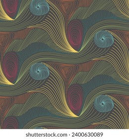 Dark colorful op-art seamless pattern. Surreal dream scape line background with abstract waves.