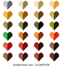 Dark colorful paper hearts, nature pixel art. Vector illustration. Valentine's Day.