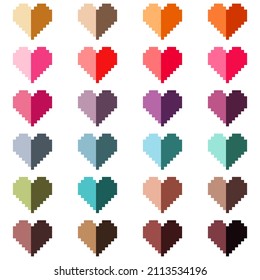 Dark colorful paper hearts, sweet pixel art. Vector illustration. Valentine's Day.