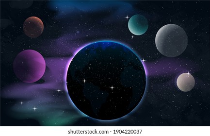 dark colorful space galaxy earth   other planets abstact red  black   blue background 