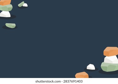 Dark colorway balancing rocks frame background, flat design overlapping wooden stones border template on deep navy for luxury baby therapeutic toy.