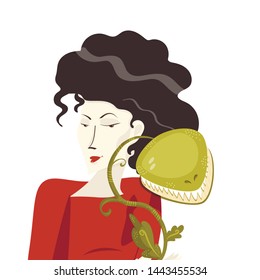 dark comedy illustration of a young brunette dressed in red and holding a carnivorous plant with sharp teeth in her hand.