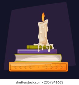 Dark composition with a candle and books for Halloween, knowledge day. Vector illustration in flat cartoon style. Postcard, poster, banner.