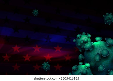 Dark composition with silhouettes of the flag of America and elements of the coronavirus. Prevention of viral infections. 