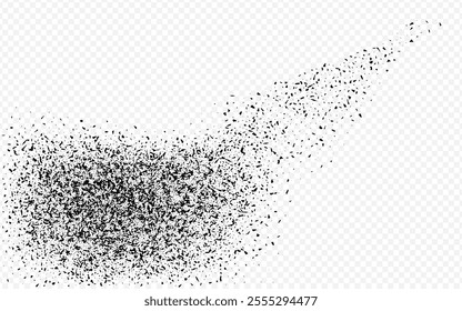 Dark Confetti Vector Transparent Background. Gloomy Grainy Dotted Banner. Splash Grain Certificate. Black Round Falling Brochure. Fly Fraction. Dynamic Sand Design.