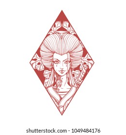 Dark contour image of asian woman. Beautiful template for posters or leaflets with a girl samurai. Flash tattoo artwork.