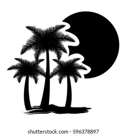 dark contour palms with sun icon, vector illustraction design