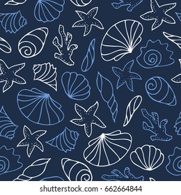 Dark contour seamless pattern. Starfish, shells and corals, drawn with contour white and blue.