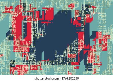 Dark copy space vector background, irregular pattern with fine mesh. Abstract art deco artwork, colorful texture with teal and red