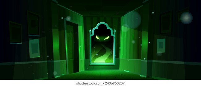 Dark corridor interior with haunted eyes in mirror. Creepy mystery horror indoor design with danger evil creature. Night green Halloween dream and lurking monster starring imagination illustration