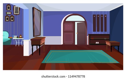 Dark corridor with open door and carpet vector illustration. Purple wall in spacious room with clothes hanger hooks, mirror and carpet. Interior concept