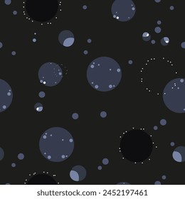 Dark cosmic pattern with abstract black and blue circles in night sky theme. Seamless abstract pattern for textiles, prints, wallpapers.

