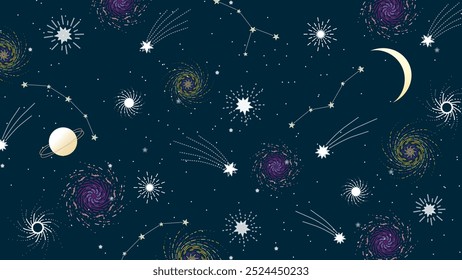 A dark cosmic-themed vector illustration featuring stars, constellations, comets, spiral galaxies, crescent moons, and planets.