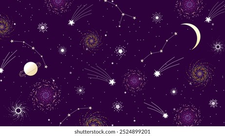 A dark cosmic-themed vector illustration featuring stars, constellations, comets, spiral galaxies, crescent moons, and planets. The deep purple background enhances the celestial and dreamy ambiance.