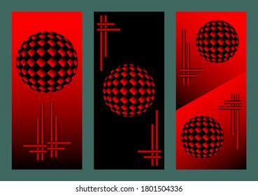 Dark cover designs set. Unusual balls with 3d effect on red and black backgrounds. Op art, pop art styles. For mobile device, flyer, brochure, social media post stories. Vector illustration.