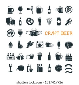 Dark craft Beer pixel-perfect icons in the modern style isolated on white background. Set of icons on the topic of beer, its production and use in vector format.