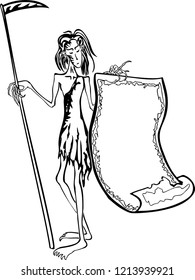 Dark creature with scythe holds ancient scroll for any message