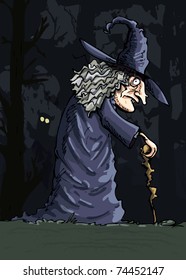 Dark creepy witch in the dark forest. An owl in the background