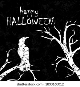 Dark crow bird flying over scary halloween night tree vector.