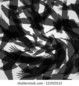 Dark crow and feathers flying silhouettes background illustration vector