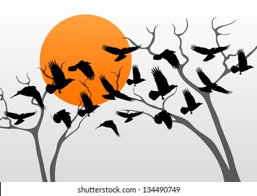 Dark crows pack flying over scary halloween night moon lighted countryside trees landscape illustration background vector