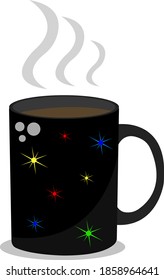 Dark cup with hot drink and patterns with multicolored shining lights garlands object on white background concept of cold season and warming