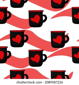 Dark cup with red hearts seamless pattern, gray mug in cartoon style on a background of red waves vector illustration