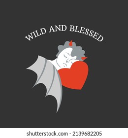 Dark cupid sleep on the red heart. Baby angel with bat's wings and devil's horns. Vector illustration for prints, textile, decor, cards, t-shirts etc.