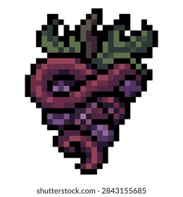 Dark cursed demonic fruit pixel art element with tentacle tail details for halloween game design