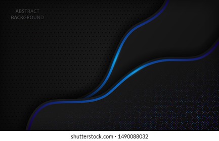 Dark curve abstract background with blue light lines and purple sparkle dots element. Modern futuristic technology black frame papercut design template for banner, card, corporate, flyer and cover.