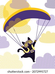 A dark cute cat in goggles flies on a paraglider among the clouds in the sky. The athlete receives adrenaline and positive emotions. Modern postcard of paragliding festival. Vector.