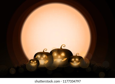 Dark Cute halloween pumpkins and big moon. vector illustration. 