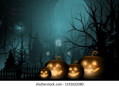 Dark Cute halloween pumpkins and big moon. vector illustration. 