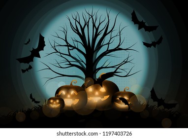 Dark Cute halloween pumpkins and big tree. vector illustration. 