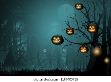 Dark Cute halloween pumpkins and big tree. vector illustration. 