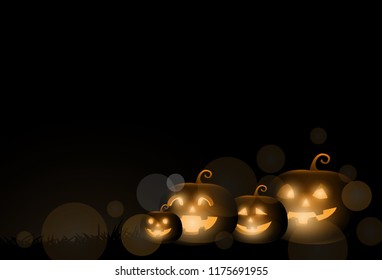 Dark Cute halloween pumpkins and bokeh background. vector illustration. 