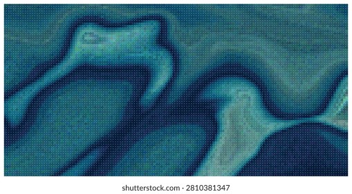 Dark cyan and emerald hues blend in halftone dot pattern. Fluid shapes suggest deep water movement or oceanic currents in modern vector style.
