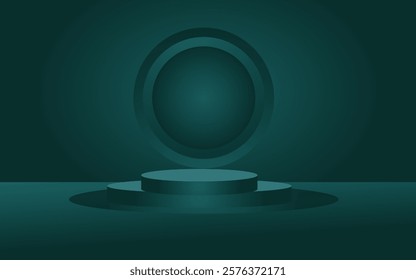 Dark cyan realistic 3D cylinder pedestal podium with 3 circle backdrop Products showcase, Promotion display. Vector abstract studio room with geometric platform.