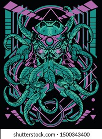 dark cybernectic octopus robot with sacred geometry tshirt design