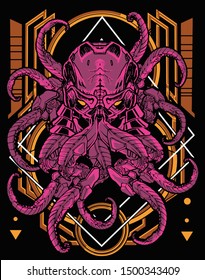 dark cybernectic octopus robot with sacred geometry tshirt design