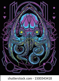 dark cybernectic octopus robot with sacred geometry tshirt design