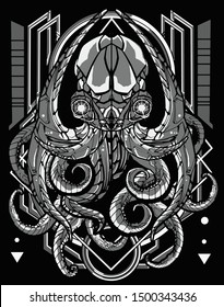 dark cybernectic octopus robot with sacred geometry tshirt design