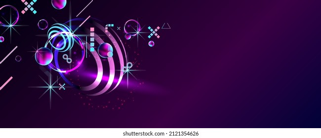 Dark cyberpunk style techno futuristic art neon abstract background cosmos new art 3d starry sky glowing galaxy and planets blue circles